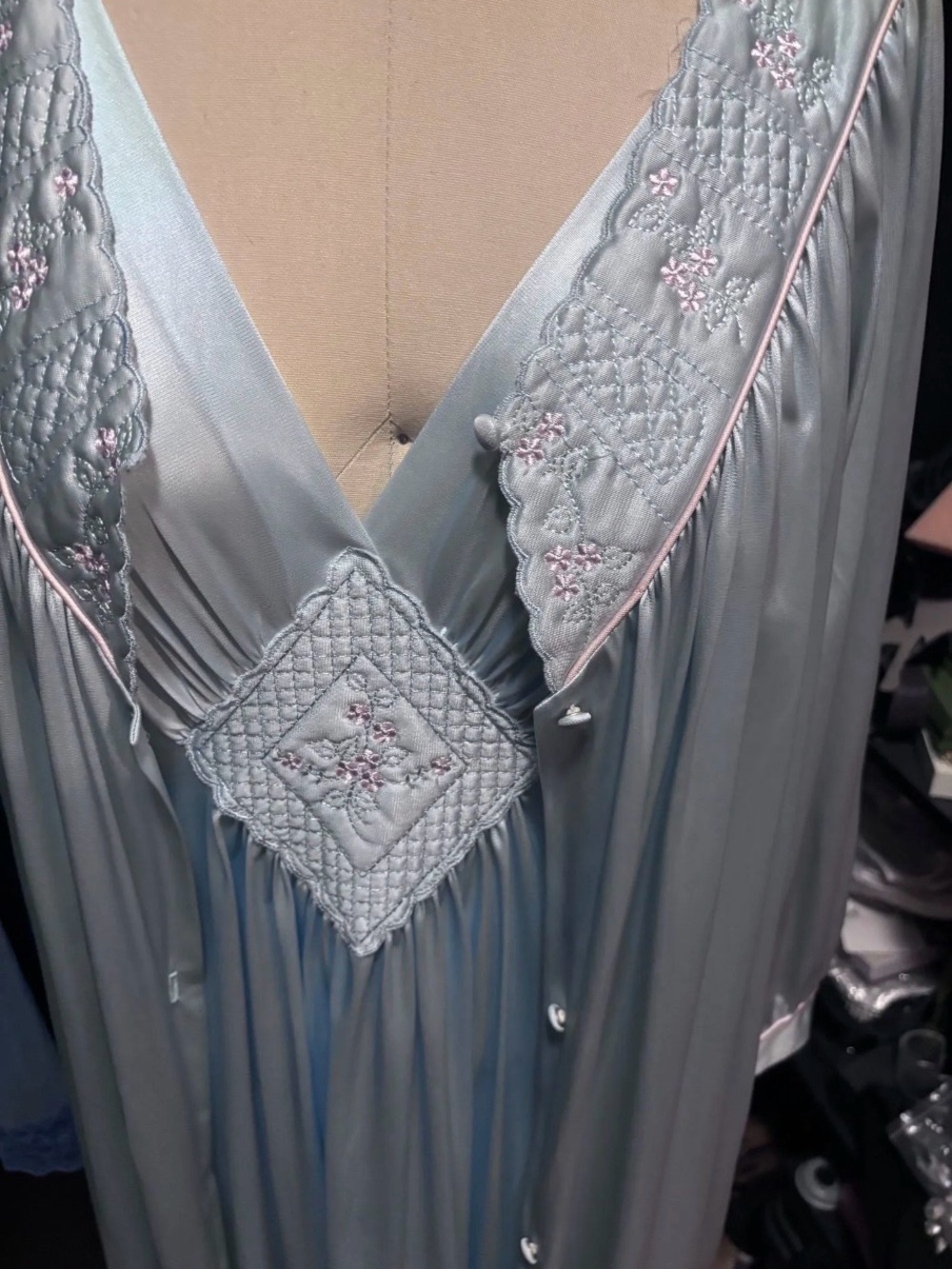 Vanity Fair Pale Blue Embroidered Satin Nightgown and Robe Set